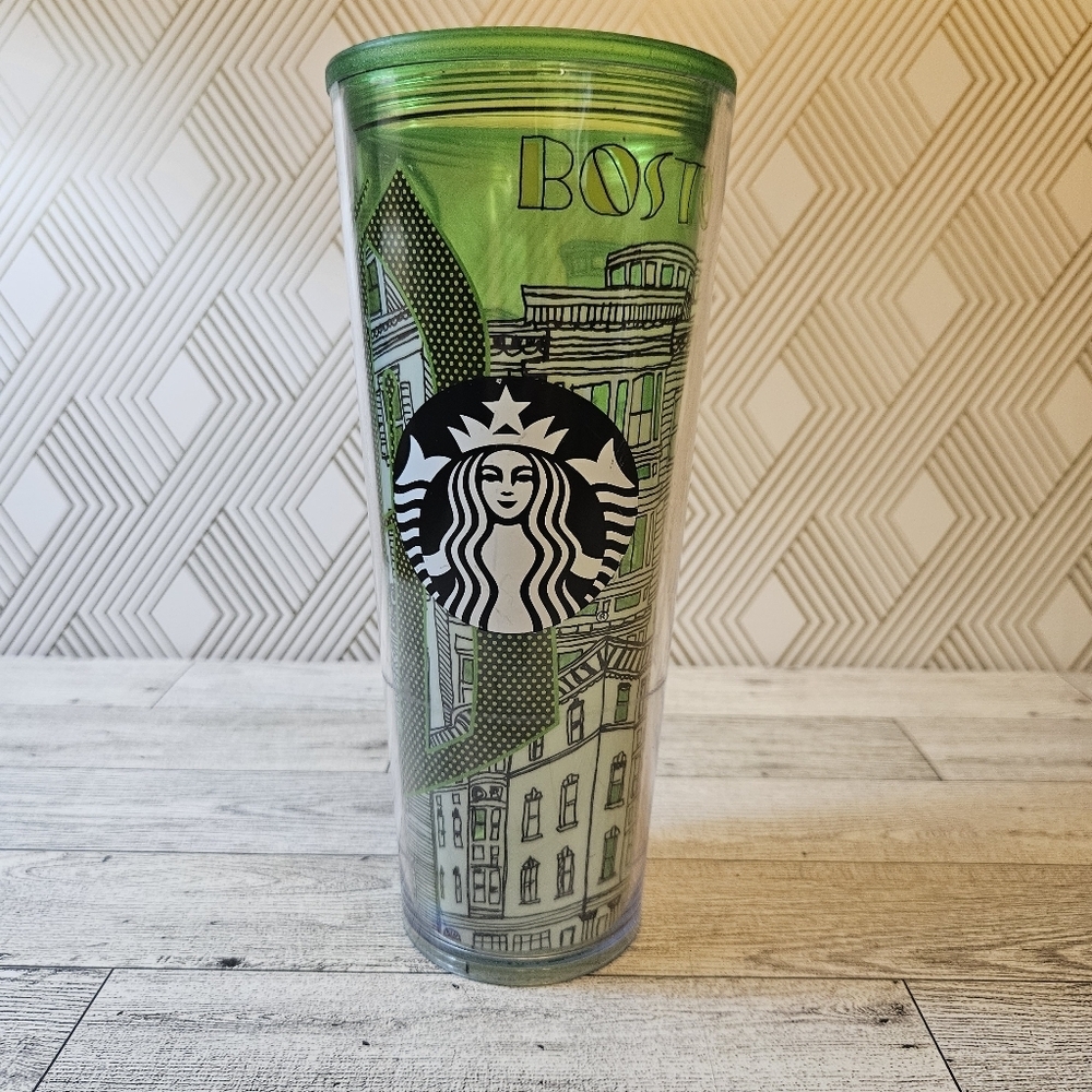 Starbucks Boston 2014 Iced Venti Tumbler Cup Green Double Wall 24oz No Lid Straw